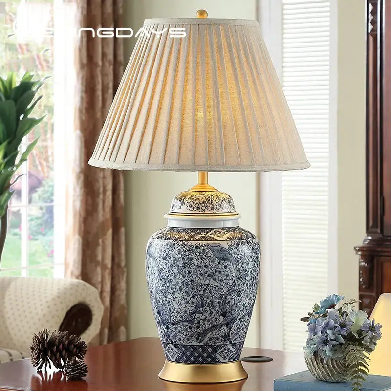Blue and white porcelain table lamp with gold accents for living room