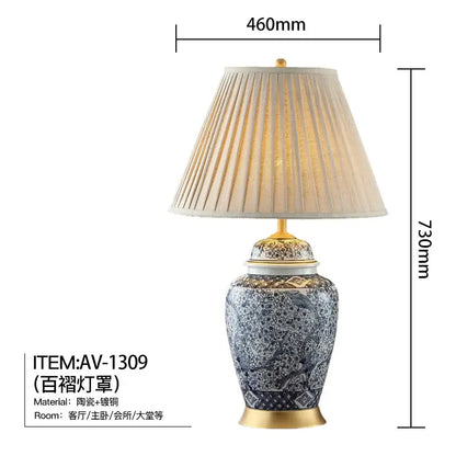 Blue and white porcelain table lamp with gold accents for living room