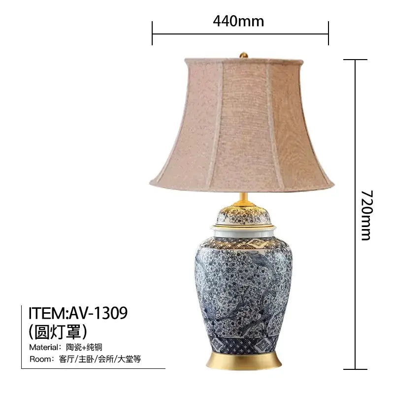 Blue and white porcelain table lamp with gold accents for living room