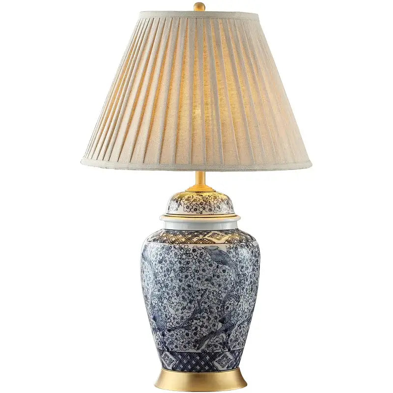 Blue and white porcelain table lamp with gold accents for living room