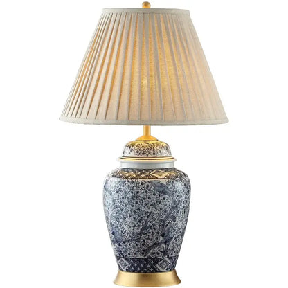 Blue and white porcelain table lamp with gold accents for living room