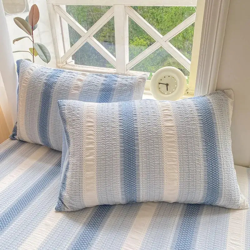 Blue and white striped cotton jacquard fitted sheet set bedroom