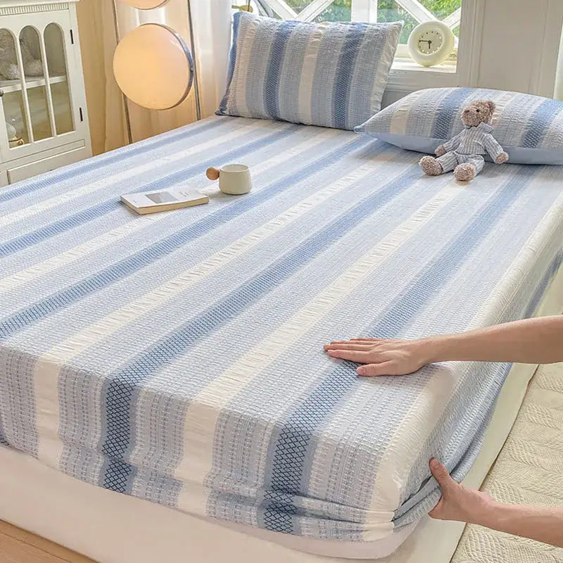 Blue and white striped cotton jacquard fitted sheet set bedroom