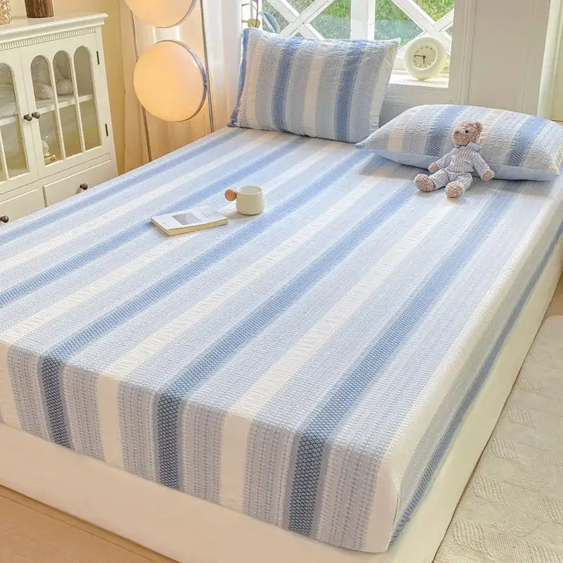 Blue and white striped cotton jacquard fitted sheet set bedroom