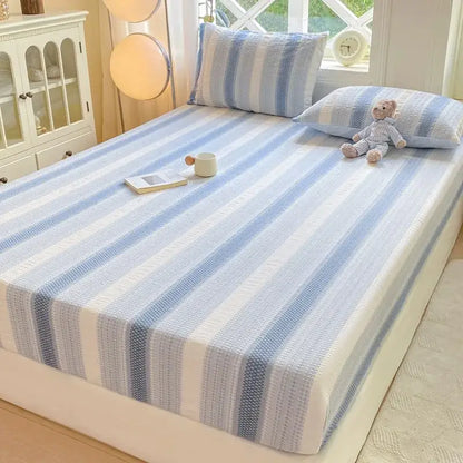 Blue and white striped cotton jacquard fitted sheet set bedroom