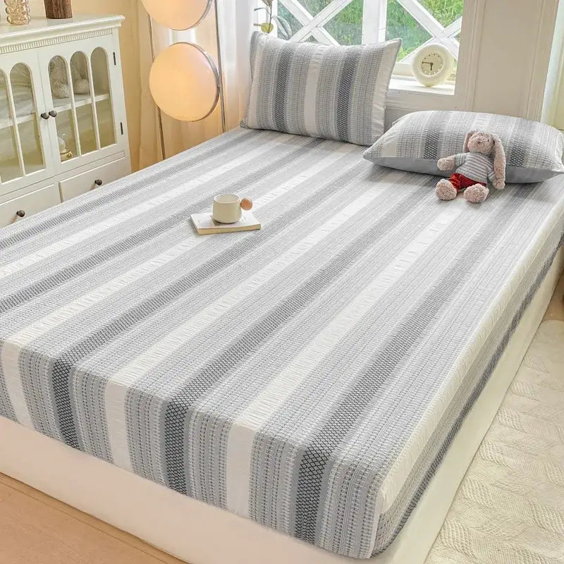 Blue and white striped cotton jacquard fitted sheet set bedroom