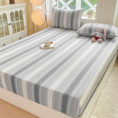 Blue and white striped cotton jacquard fitted sheet set bedroom