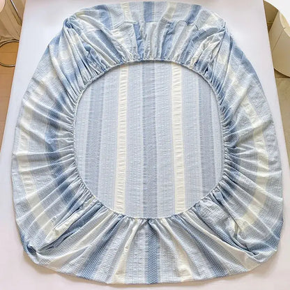 Blue and white striped cotton jacquard fitted sheet set bedroom