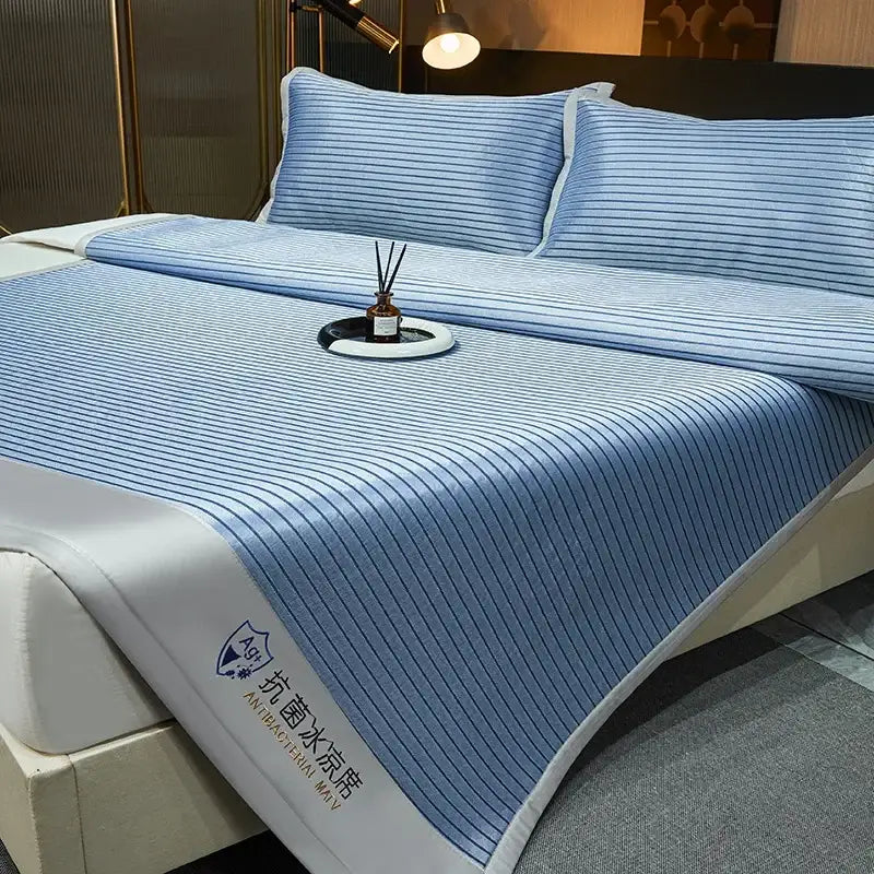 Blue and white striped ice silky cooling mat bedroom pad