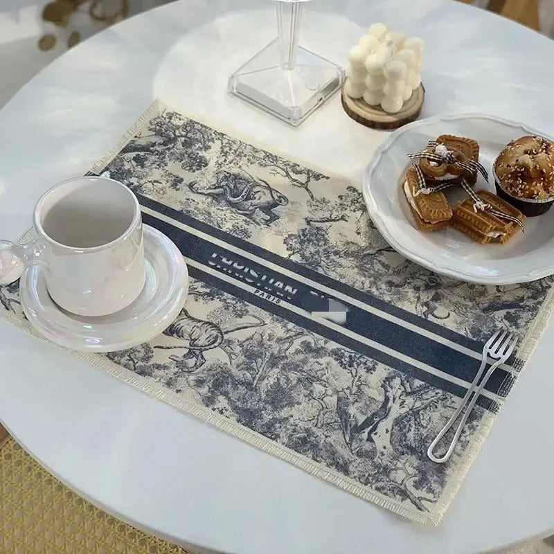 Blue and white toile cotton linen place mat set kitchen dining decor