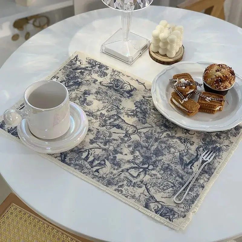 Blue and white toile cotton linen place mat set kitchen dining decor