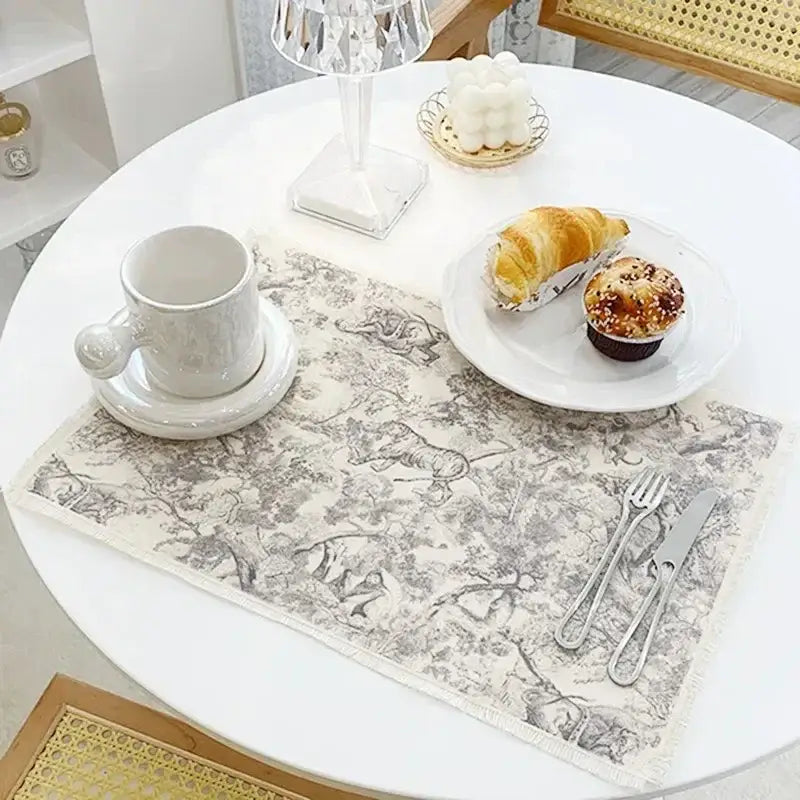 Blue and white toile cotton linen place mat set kitchen dining decor