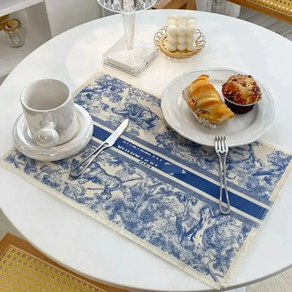 Blue and white toile cotton linen place mat set kitchen dining decor