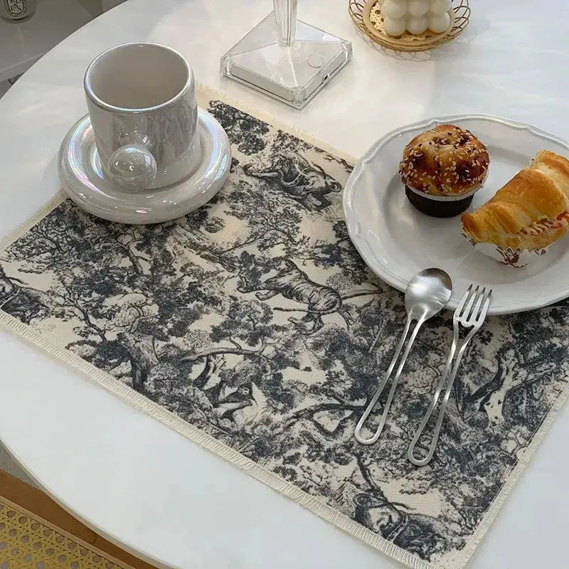 Blue and white toile cotton linen place mat set kitchen dining decor