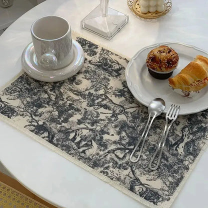 Blue and white toile cotton linen place mat set kitchen dining decor