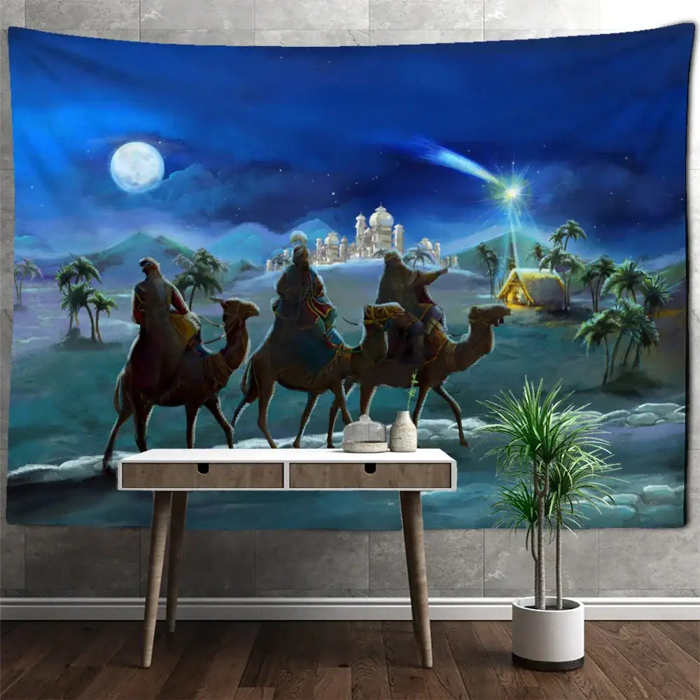 Blue camel printed polyester christmas tapestry living room decor