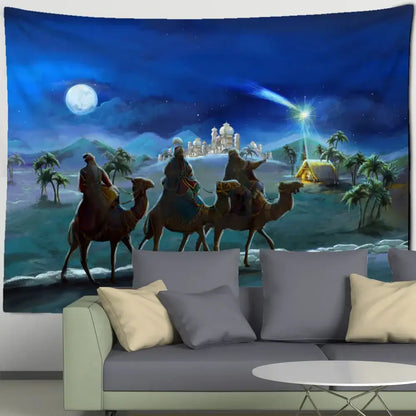 Blue camel printed polyester christmas tapestry living room decor