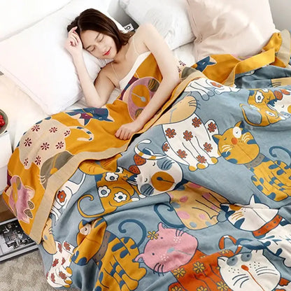 Blue cartoon cat summer quilt bedroom cotton leisure blanket