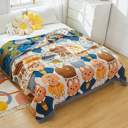 Blue cartoon cat summer quilt bedroom cotton leisure blanket