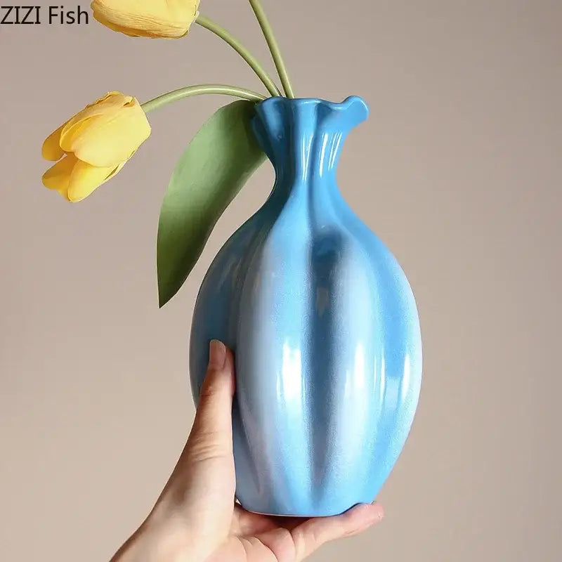 Blue ceramic flower bud vase blue & white ribbed living room decor