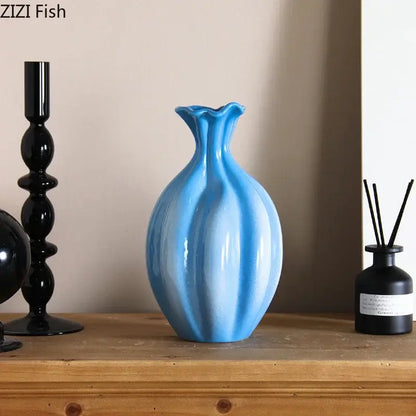 Blue ceramic flower bud vase blue & white ribbed living room decor