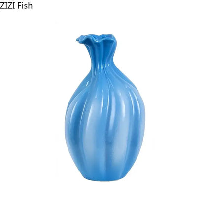Blue ceramic flower bud vase blue & white ribbed living room decor