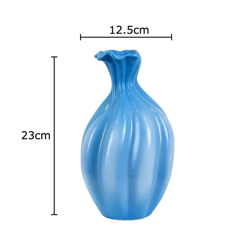 Blue ceramic flower bud vase blue & white ribbed living room decor