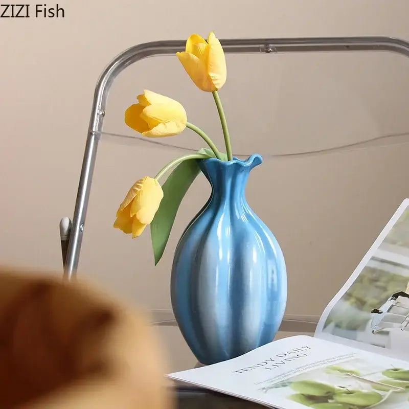 Blue ceramic flower bud vase blue & white ribbed living room decor