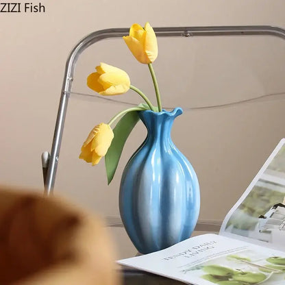 Blue ceramic flower bud vase blue & white ribbed living room decor