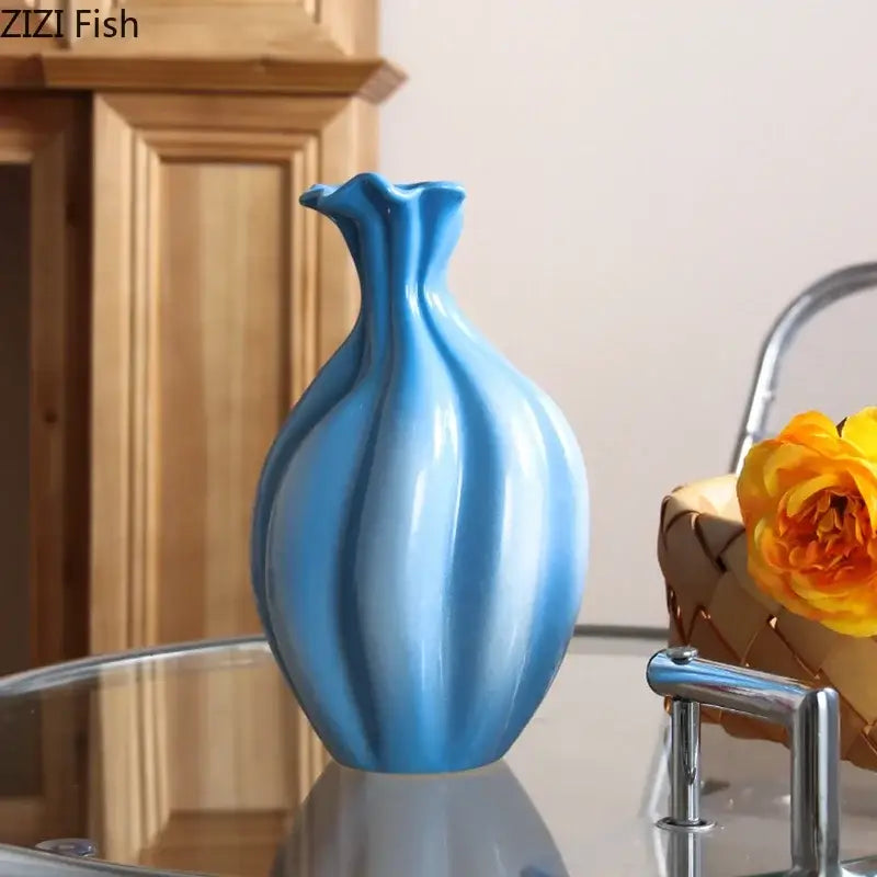Blue ceramic flower bud vase blue & white ribbed living room decor