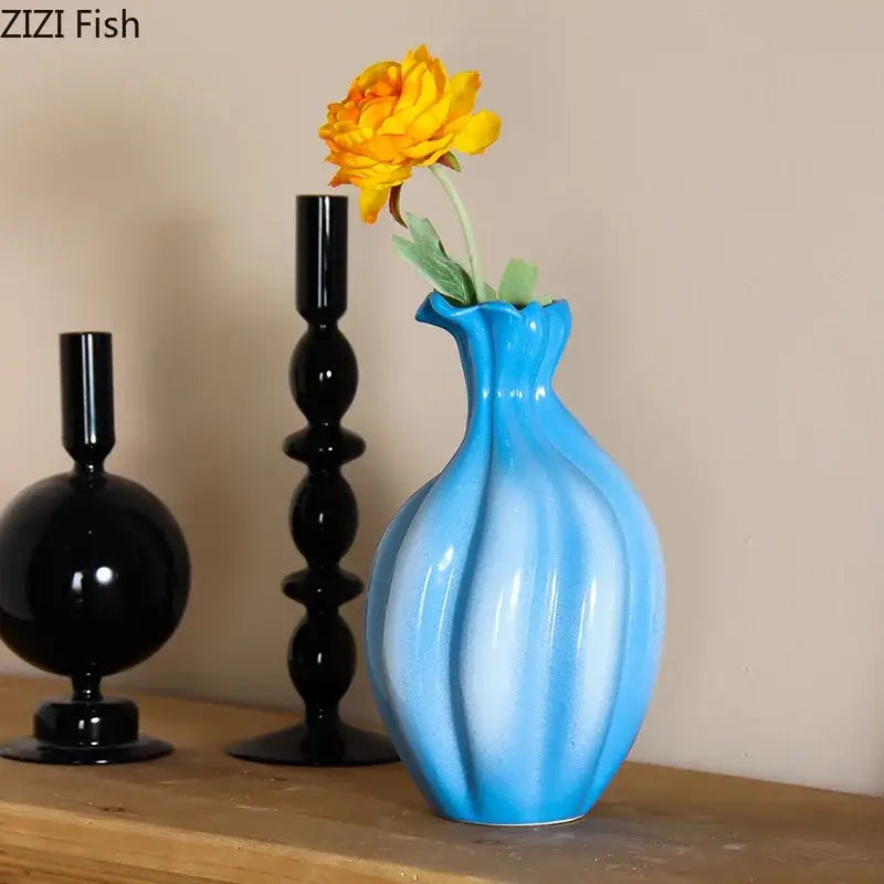 Blue ceramic flower bud vase blue & white ribbed living room decor