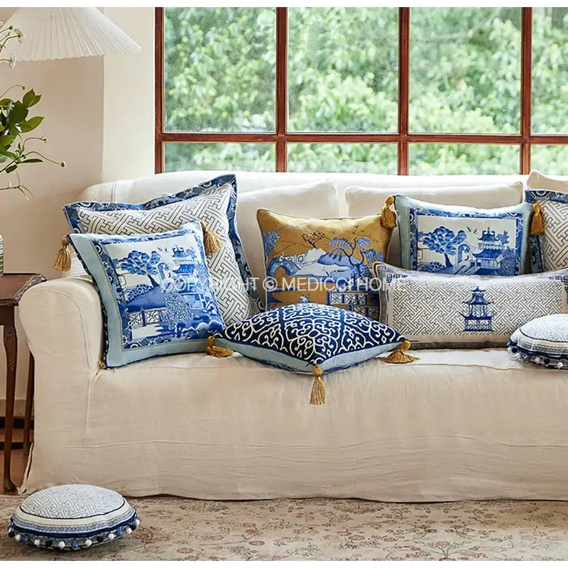Blue chinoiserie home pagoda bolster pillowcase bedroom cushion cover
