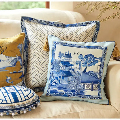 Blue chinoiserie home pagoda bolster pillowcase bedroom cushion cover