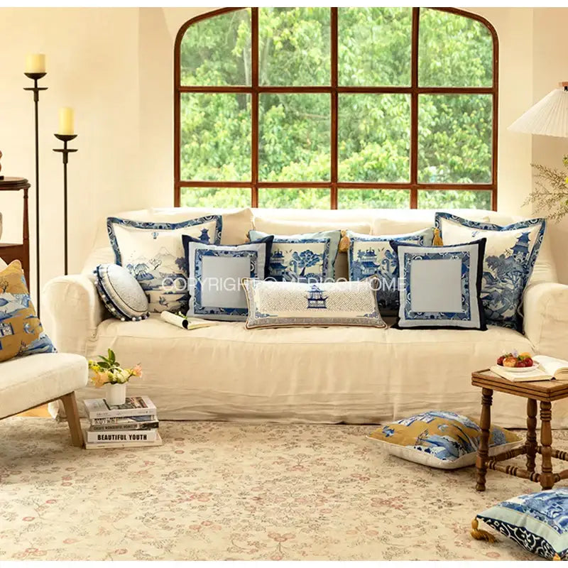 Blue chinoiserie home pagoda bolster pillowcase bedroom cushion cover