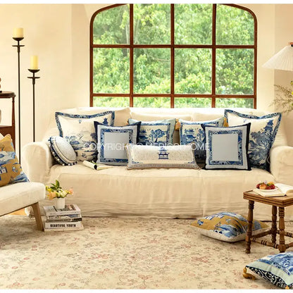 Blue chinoiserie home pagoda bolster pillowcase bedroom cushion cover