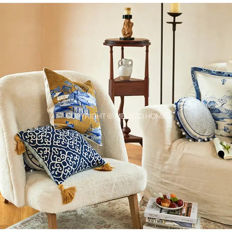 Blue chinoiserie home pagoda bolster pillowcase bedroom cushion cover