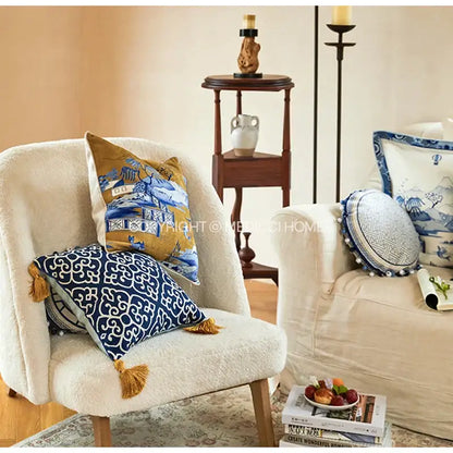 Blue chinoiserie home pagoda bolster pillowcase bedroom cushion cover