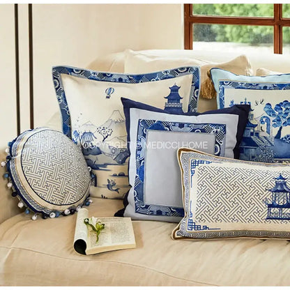 Blue chinoiserie home pagoda bolster pillowcase bedroom cushion cover