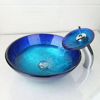 Blue chrome tall waterfall faucet and glass sink set for bathroom