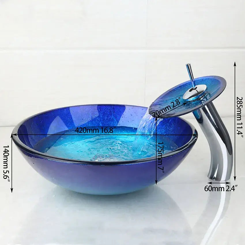 Blue chrome tall waterfall faucet and glass sink set for bathroom