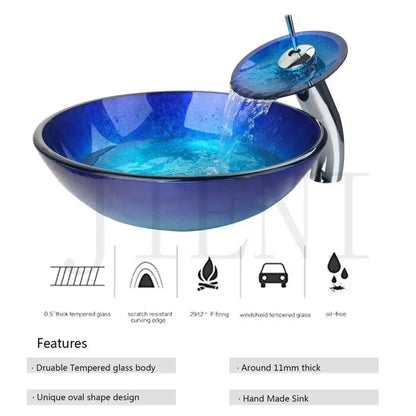 Blue chrome tall waterfall faucet and glass sink set for bathroom