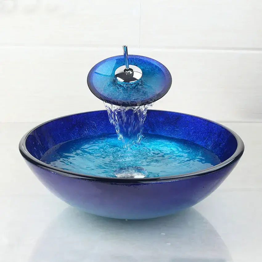 Blue chrome tall waterfall faucet and glass sink set for bathroom