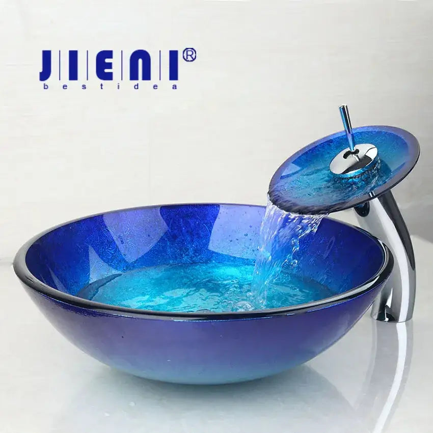 Blue chrome tall waterfall faucet and glass sink set for bathroom