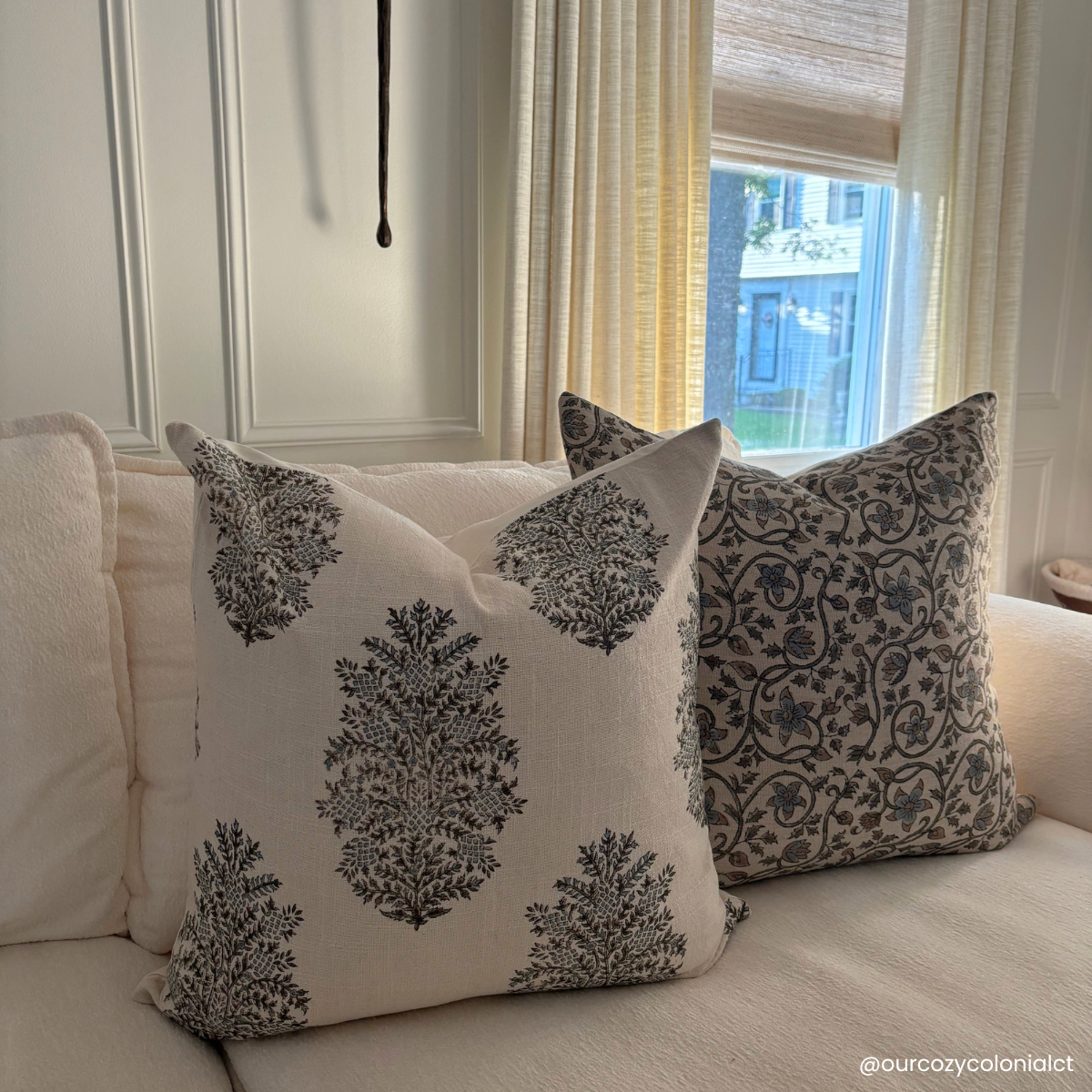Juliette  Floral Block Printed Pillow Cover | Blue, Mustard