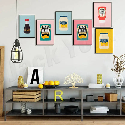 Blue cool beans pesto pasta framed kitchen wall art set of 6