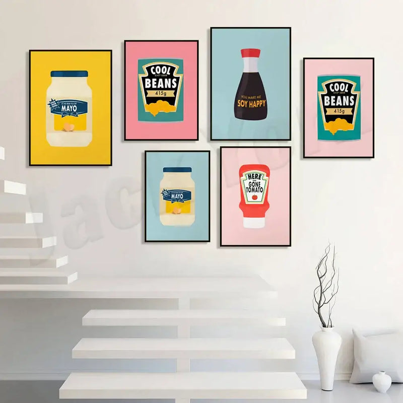 Blue cool beans pesto pasta framed kitchen wall art set of 6