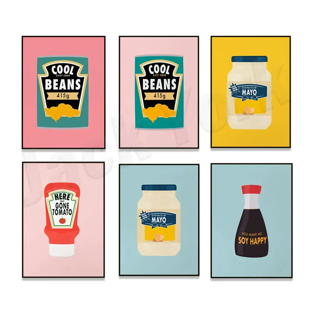 Blue cool beans pesto pasta framed kitchen wall art set of 6