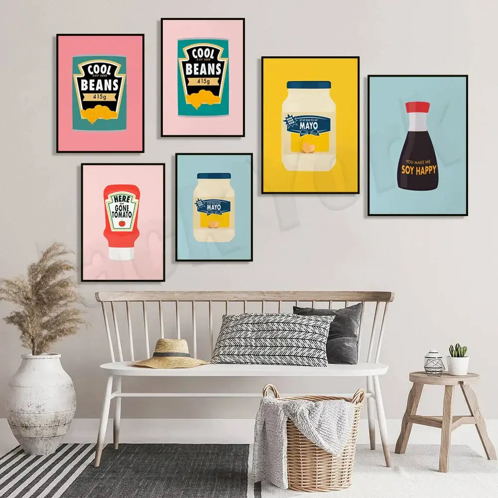 Blue cool beans pesto pasta framed kitchen wall art set of 6