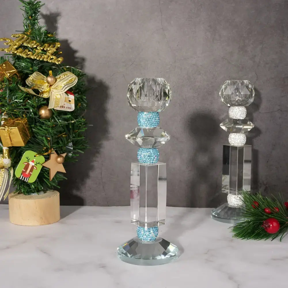 Blue diamond crystal glass candle holder dining room decor