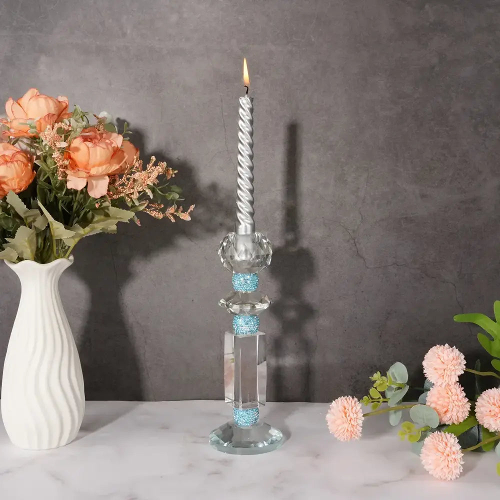 Blue diamond crystal glass candle holder dining room decor